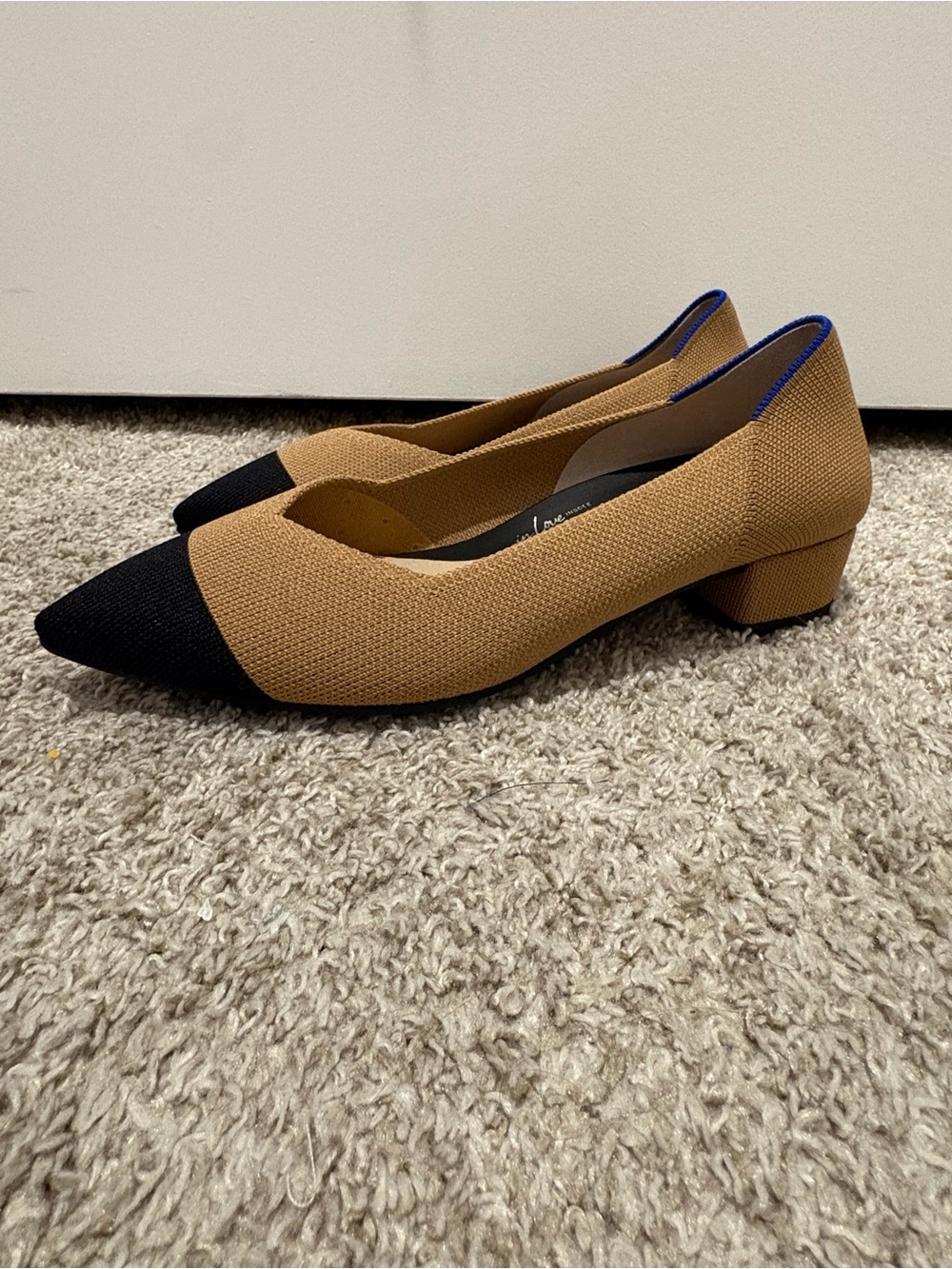 Rothy's Two-Tone Block Heel Pumps in Tan and Black with Blue Trim